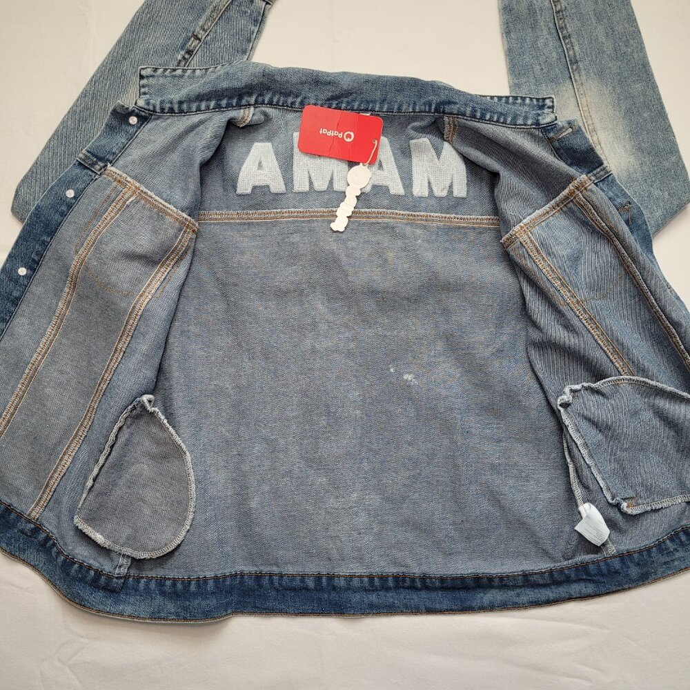 Patpat Mama Distressed Denim Jean Jacket Medium Light Wash Streetwear - Picture 10 of 14